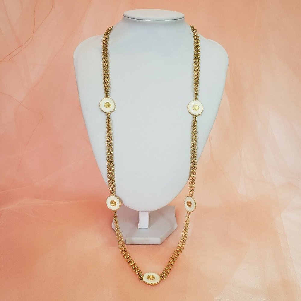 Long Gold Chain Enamel Flowers Statement Necklace